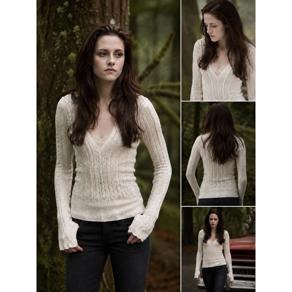 VTG Y2K Abercrombie Bella Swan Cream Cable Knit Long Sleeve Shirt Y2K 2000 Sz M